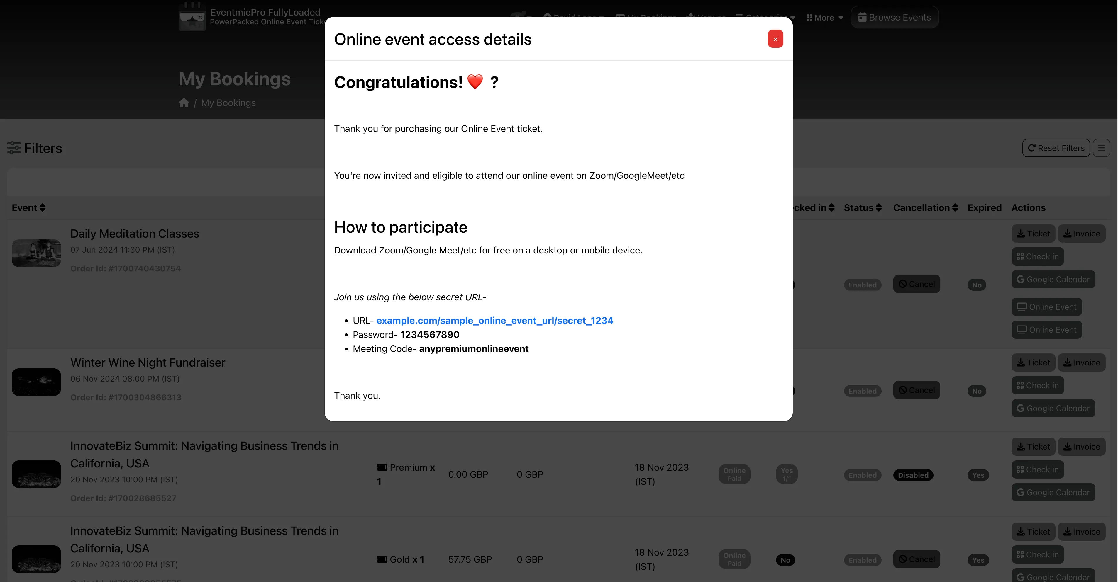 Customer bookings page view