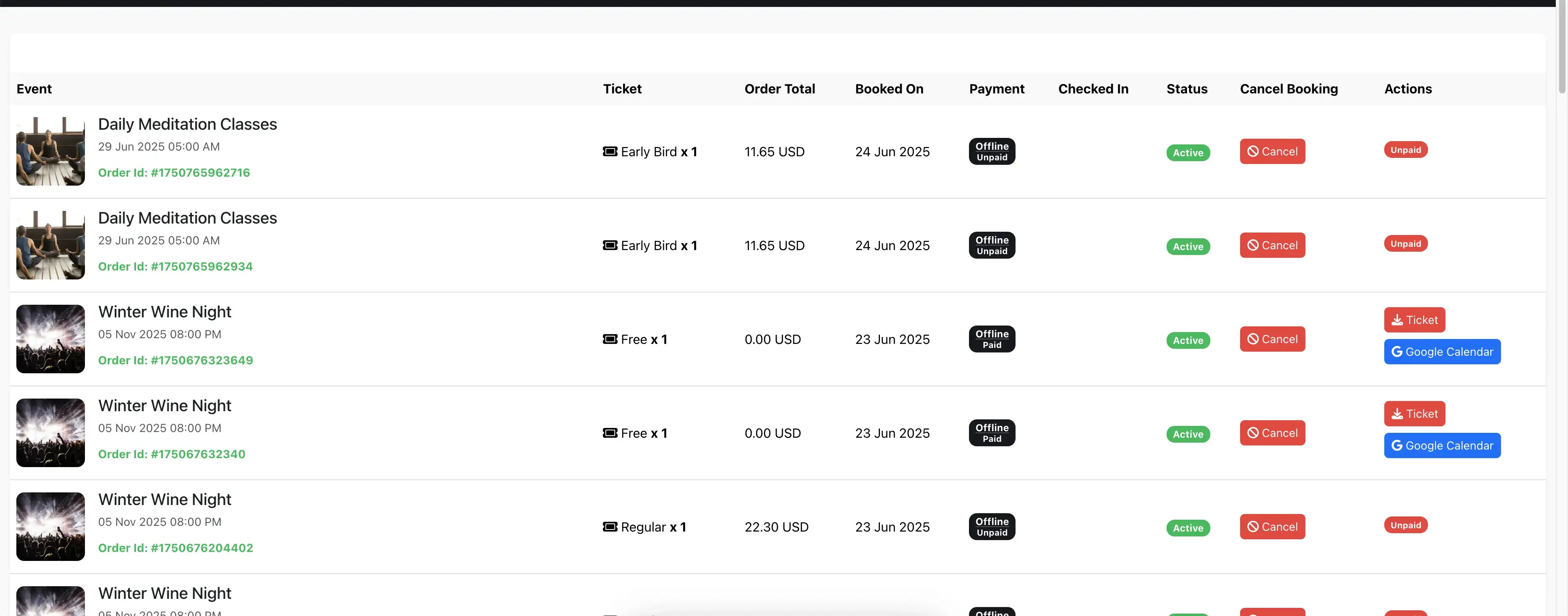 Customer bookings page