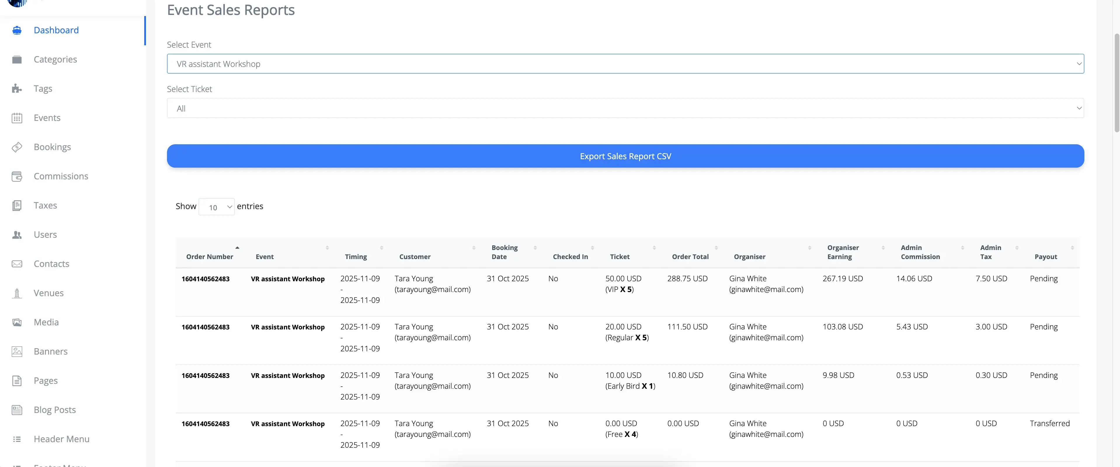 EVENT SALES REPORT Table with Event & Tickets Filter EVENT SALES REPORT Table with Event Filter